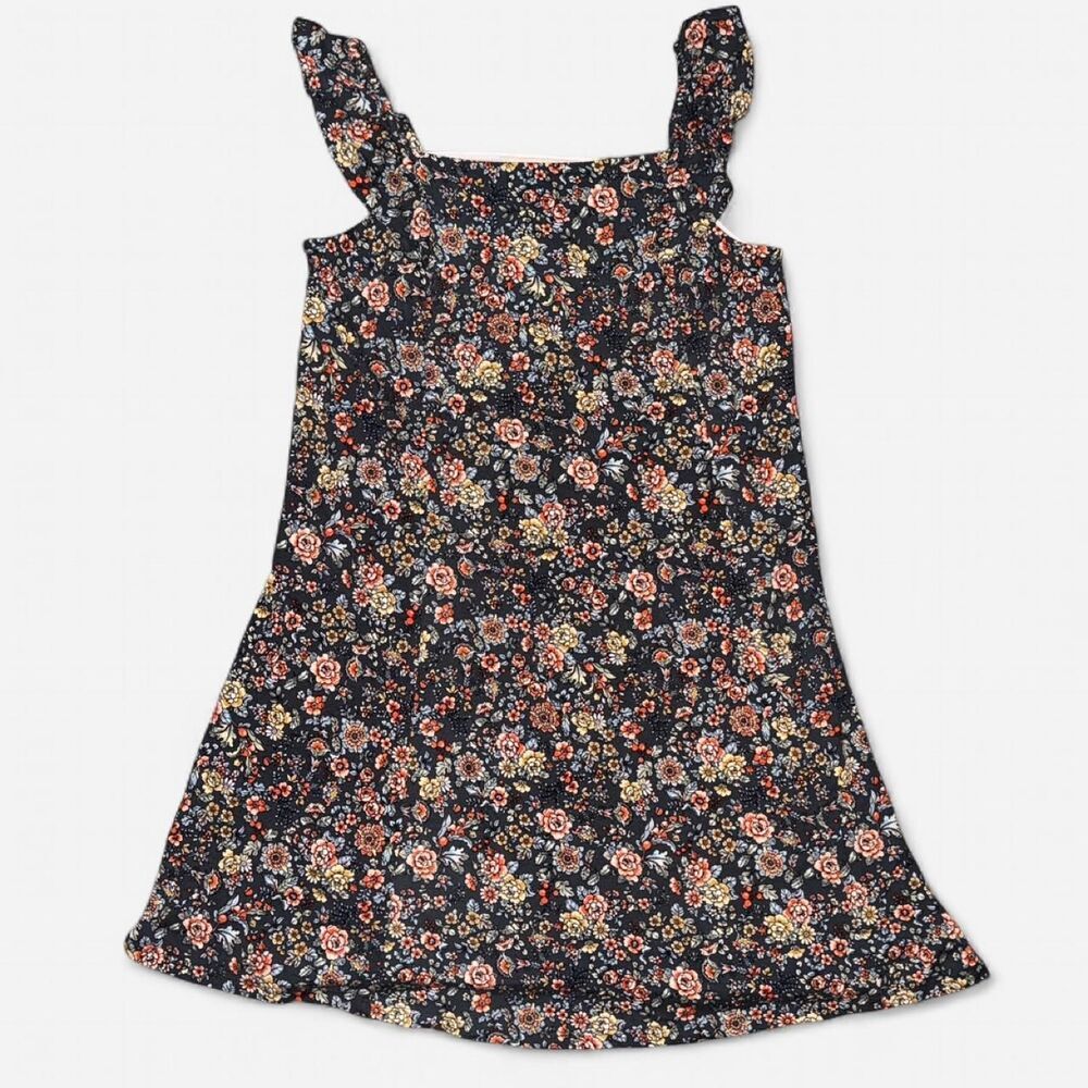 LOFT Blue floral mini dress with ruffle straps; size Small Petite